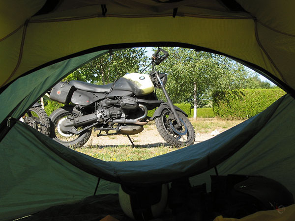 BMW R1100GS in front of a tent